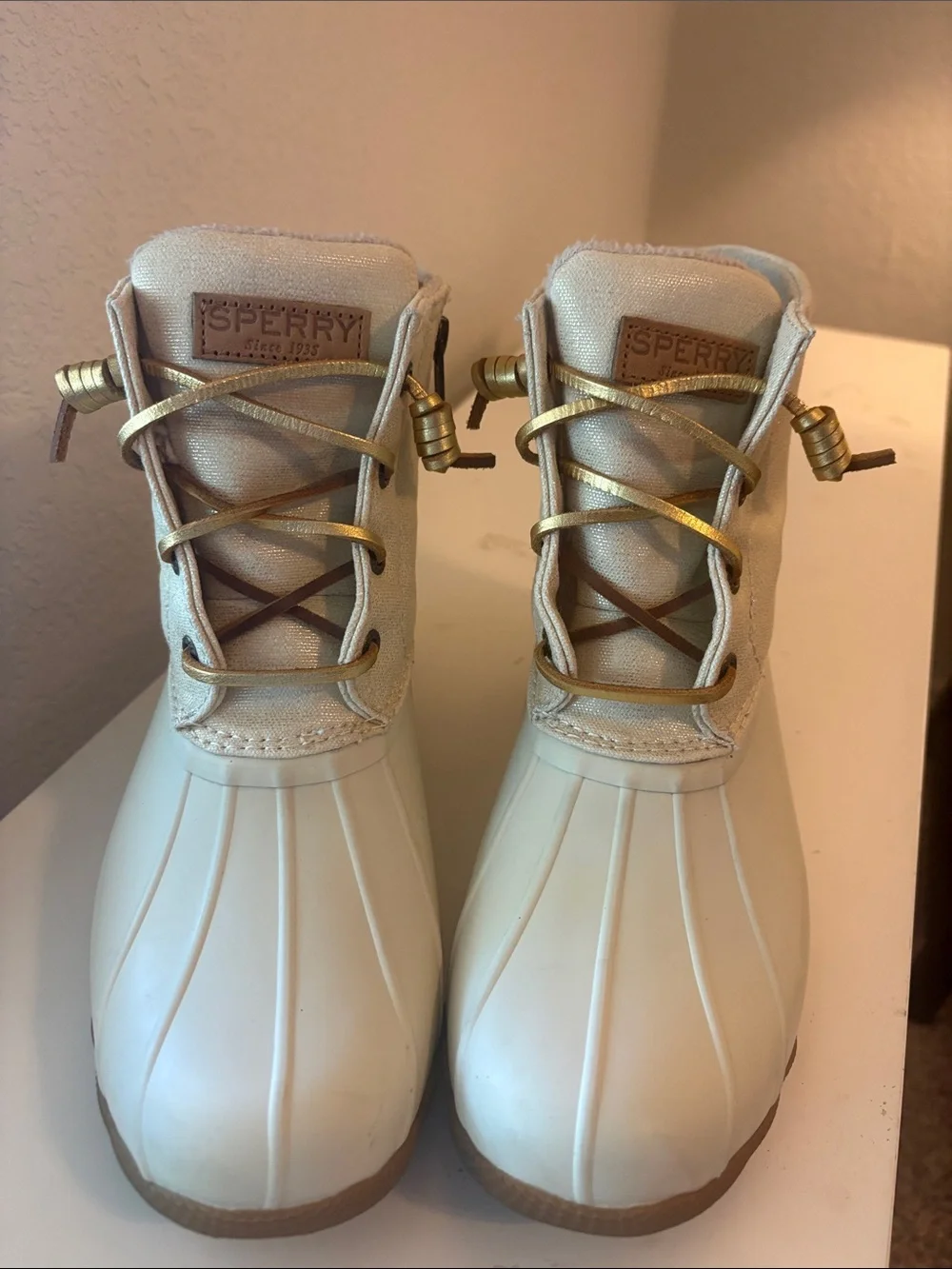 Sperry Women's Cream Lace-Up Duck Boots - Cream/Gold Accents
